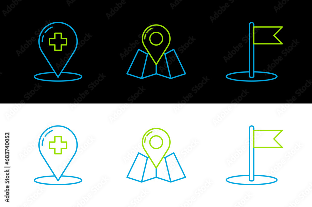 Poster set line flag, location on the globe and folded map with location marker icon. vector