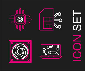 Set line Laptop, Computer cooler, Sim card and Processor icon. Vector