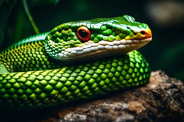 Fototapeta premium bamboo pit viper, hyperrealistic, 8k, DSLR, HDR, vibrant, fierce, angry, intricate details, background is blurr. 
