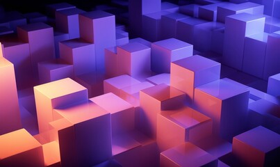 Neatly Constructed Glossy Cubes. Violet and Orange, Innovative Tech Background. 3D Render, Generative AI