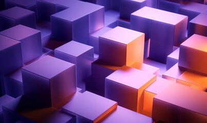 Fototapeta na wymiar Neatly Constructed Glossy Cubes. Violet and Orange, Innovative Tech Background. 3D Render, Generative AI