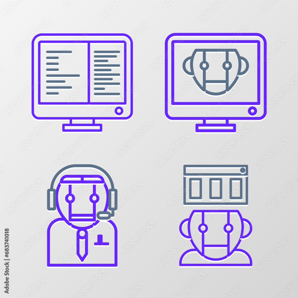 Poster set line robot, worker robot, bot and computer monitor screen icon. vector