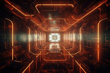 Futuristic Metaverse Tunnel with Polygon Shapes and Circuit Boards. Generative AI