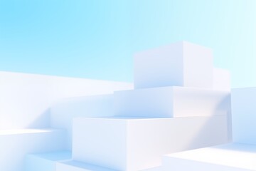 An abstract image showcasing a series of white three-dimensional blocks positioned against a soft blue gradient background. The composition gives a minimalistic feel, with shadows adding depth and