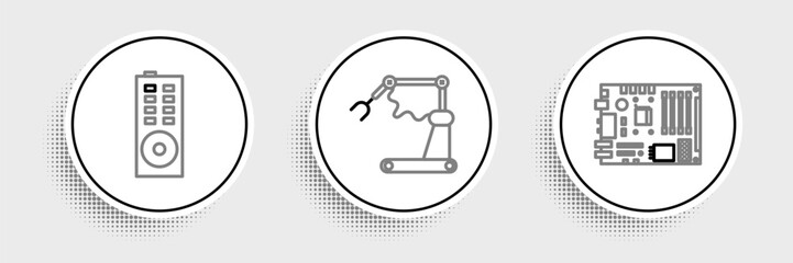 Set line Electronic computer components motherboard digital chip, Remote control and Industrial machine robotic robot arm hand factory icon. Vector