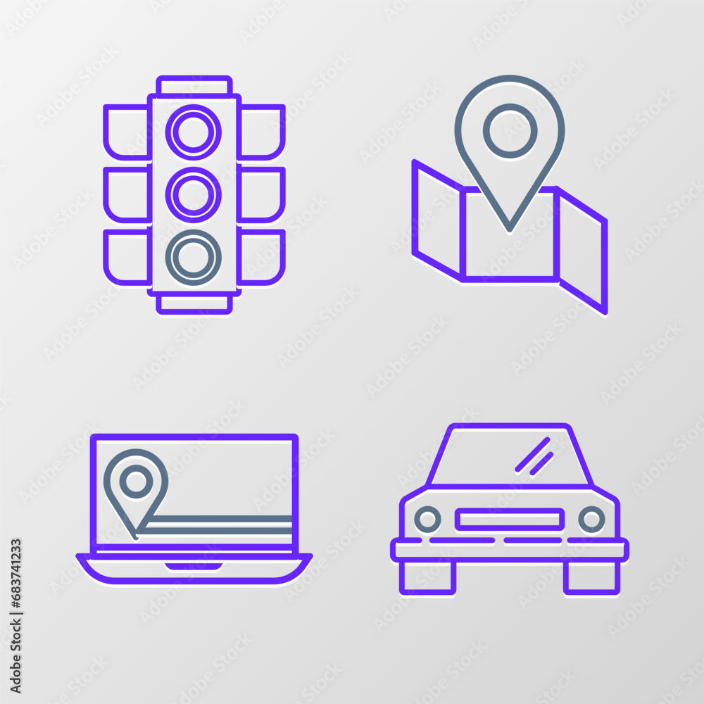 Poster set line car, laptop with location marker, folded map and traffic light icon. vector