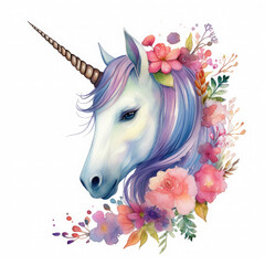 Obraz na płótnie Canvas Cute colorful magic unicorn with flowers Illustration, Generative Ai