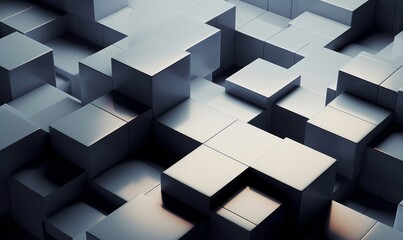 Precisely Aligned Glossy Cubes. Grey, Modern Tech Wallpaper. 3D Render, Generative AI - obrazy, fototapety, plakaty