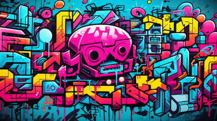 Cyberpunk style graphics. Graffiti background.