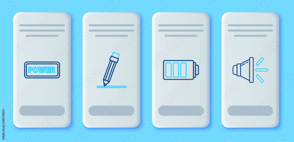 Poster set line pencil with eraser, battery charge level indicator, power button and speaker volume icon. v