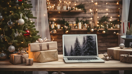 Naklejka na ściany i meble Christmas tree with gifts and laptop, Christmas winter decoration, open screen with Xmas theme, copy space, banner advert
