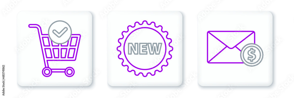 Poster set line envelope with coin dollar, shopping cart check mark and price tag new icon. vector