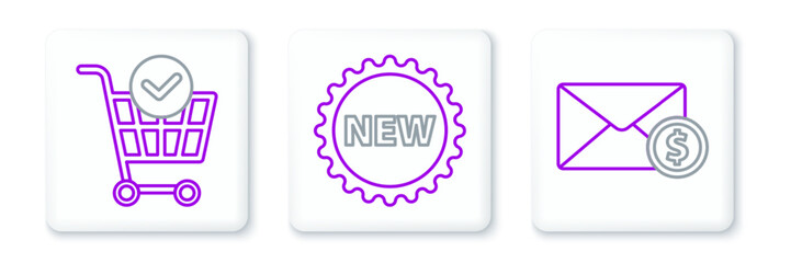 Set line Envelope with coin dollar, Shopping cart check mark and Price tag New icon. Vector
