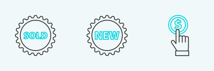 Set line Hand holding coin, Sold label and Price tag with New icon. Vector