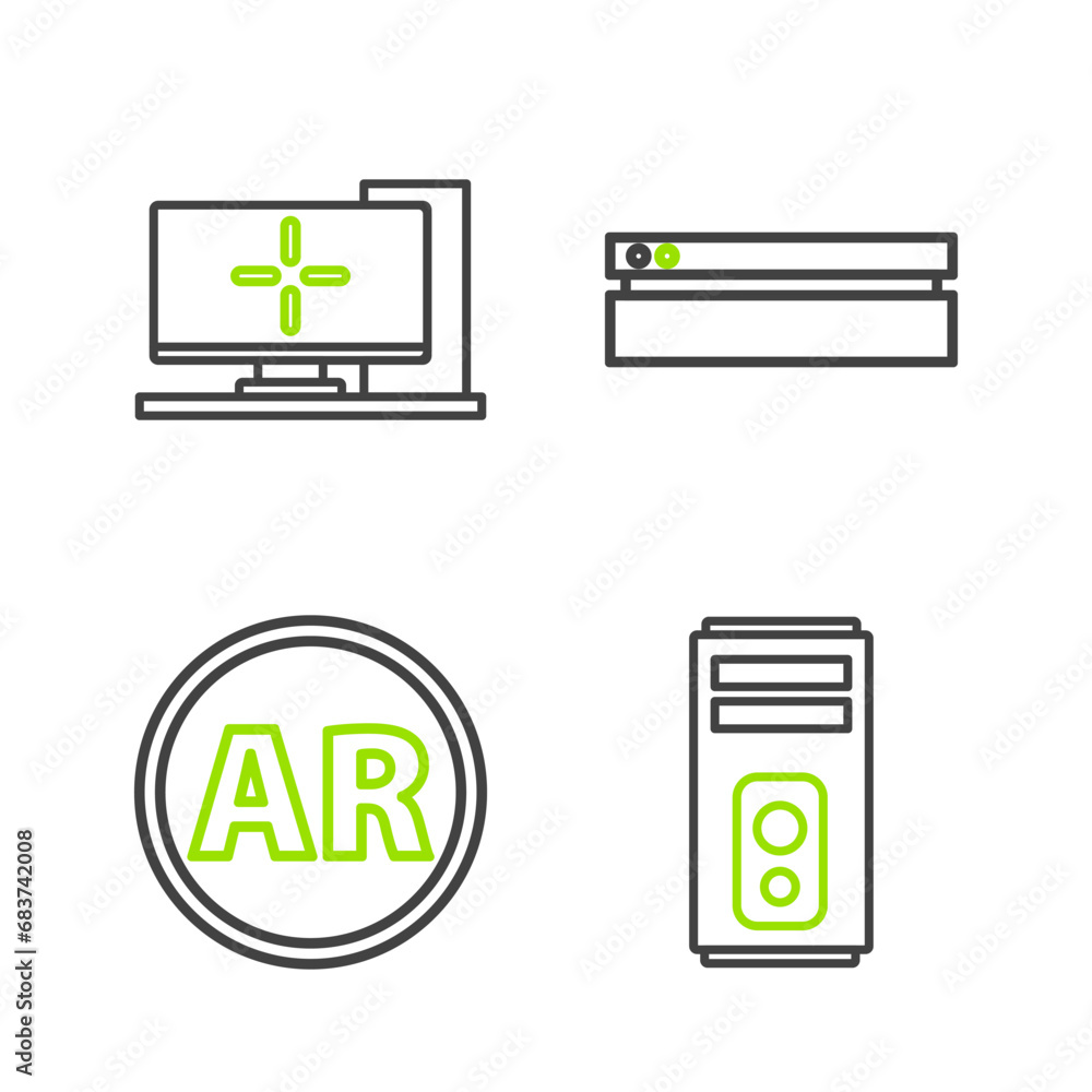 Aufkleber set line computer, ar, augmented reality, video game console and monitor icon. vector