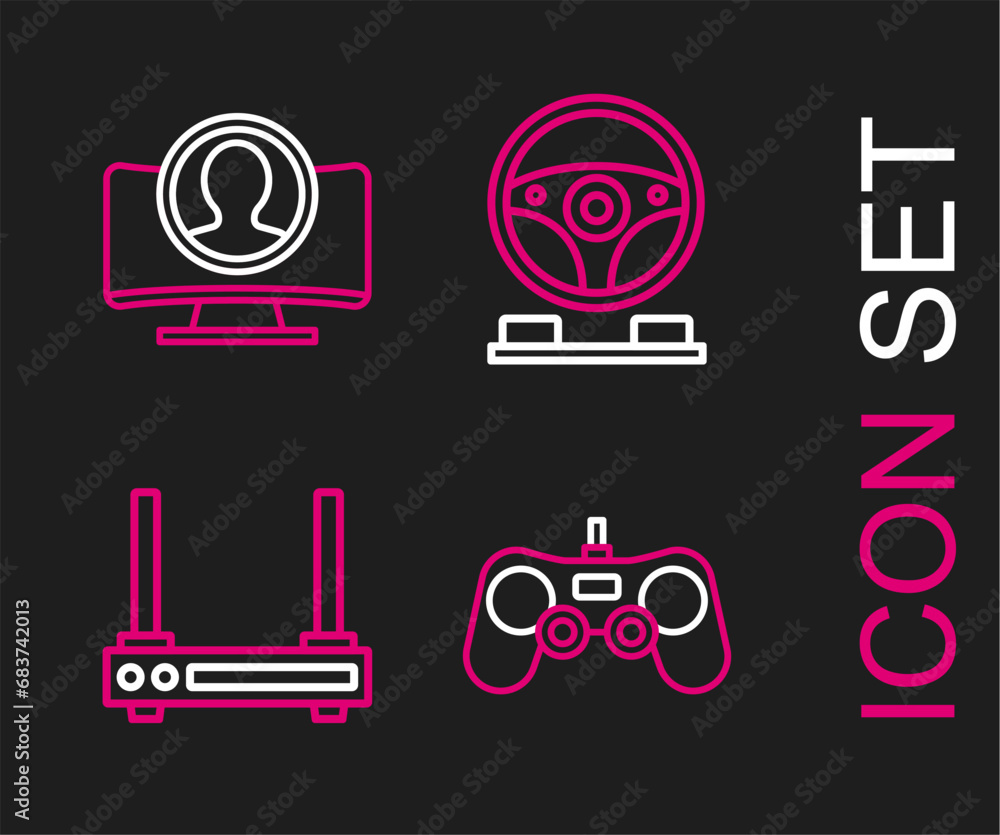 Poster set line gamepad, router and wi-fi signal, racing simulator cockpit and create account screen icon. 