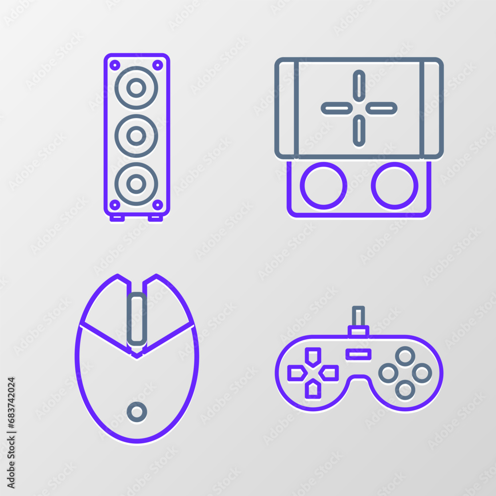 Poster set line gamepad, computer mouse gaming, portable video game console and stereo speaker icon. vector