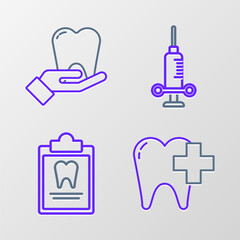 Set line Dental clinic for dental care tooth, Clipboard with card, medical syringe and Tooth icon. Vector