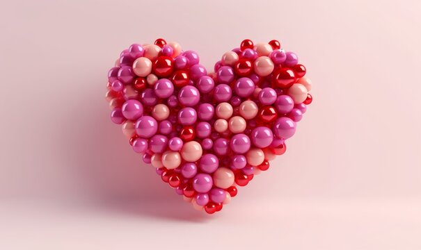Multicolored Sphere Love Heart. Pink, Red Glass and Red Metallic Spheres arranged in a heart shape. 3D Render, Generative AI