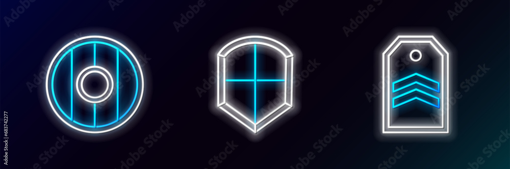 Poster Set line Chevron, Round wooden shield and Shield icon. Glowing neon. Vector