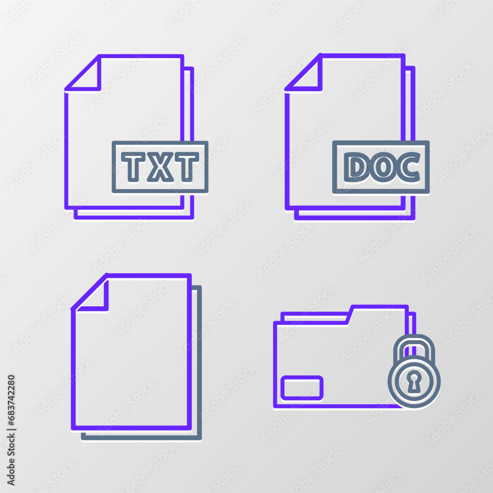 Sticker Set line Folder and lock, Document, DOC file document and TXT icon. Vector