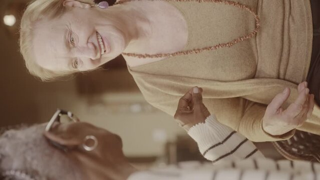 Duas amigas idosas conversando em agradavel cha da tarde. Video vertical.
