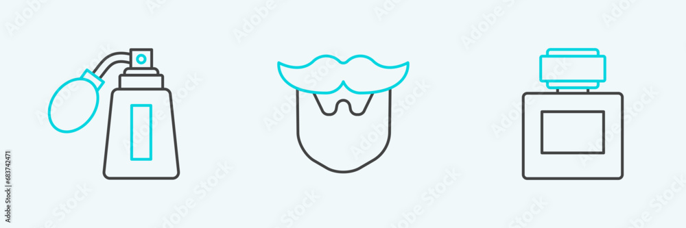 Wall mural set line aftershave, bottle with atomizer and mustache and beard icon. vector