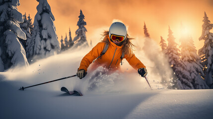 Skier Descending Snowy Slope at Sunset, Dynamic image of a skier in vibrant orange gear carving through deep powder on a snowy mountain, with sunset illuminating the snowy landscape and pine trees - Powered by Adobe
