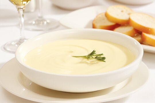 An exquisite serving of smooth cream soup garnished with a sprig of parsley, accompanied by sliced baguette and a glass of white wine in the background, perfect for a luxurious dining experience.