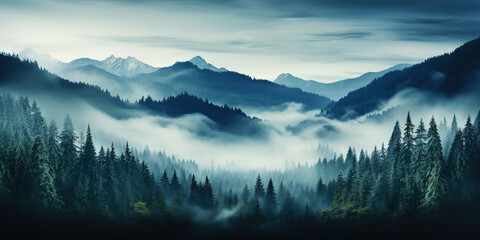 Misty mountain landscape with fir forest in vintage retro style. Generative AI - Powered by Adobe
