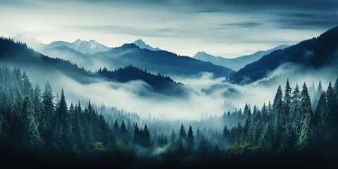 Tuinposter Misty mountain landscape with fir forest in vintage retro style. Generative AI © AngrySun