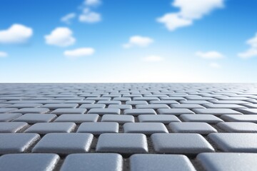 Naklejka premium An expansive view of a cobblestone street stretching into the horizon under a serene blue sky dotted with fluffy white clouds. The perspective of the cobblestones creates a sense of infinite journey