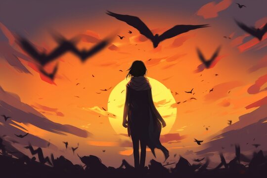 Digital illustration painting design style an angle standing among many birds, against sunset, Generative AI
