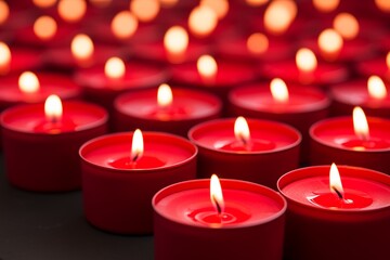 Obraz na płótnie Canvas An array of vibrant red tealight candles illuminates the space with a warm, ambient glow. The soft flicker of the tiny flames creates an atmosphere of tranquility and comfort, perfect for moments of