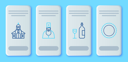 Set line Priest, Wine bottle with glass, Church building and Sun icon. Vector