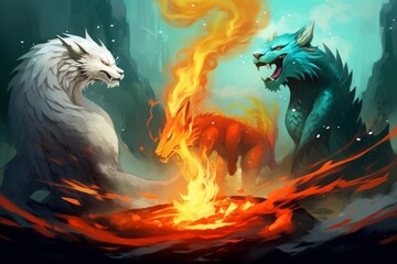 Digital illustration painting design style 3 legendary creature, dragon, white tiger, phoenix, Generative AI - obrazy, fototapety, plakaty