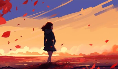 Digital illustration painting design style a girl walking in sunset, against falling leave, Generative AI