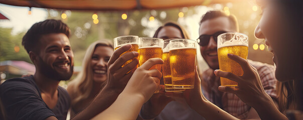 Happy young people drinking beer and having fun on amazing festival