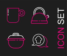 Set line Chef hat in speech bubble, Cooking pot, Kettle with handle and Coffee cup icon. Vector