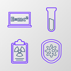 Set line Shield protecting from virus, Radiation warning document, Test tube and flask and Equation solution icon. Vector