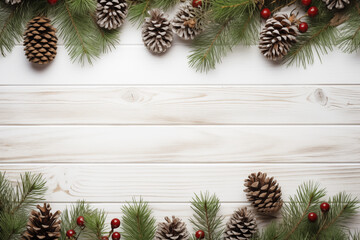 Obraz na płótnie Canvas A festive and inviting Christmas composition featuring beautifully arranged fir tree branches, gifts, and pine cones on a rustic white wooden background