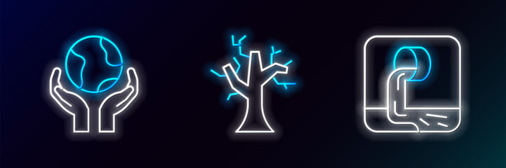 Set line Wastewater, Hands holding Earth globe and Withered tree icon. Glowing neon. Vector