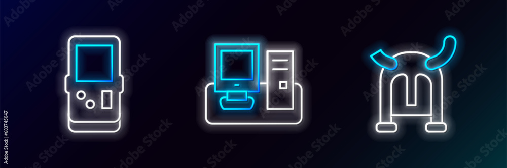 Poster set line viking in horned helmet, tetris and monitor with keyboard icon. glowing neon. vector
