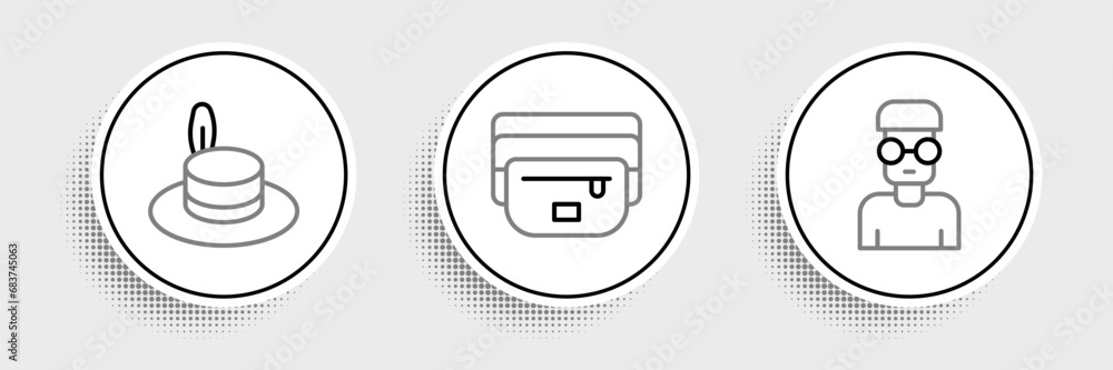 Poster set line nerd geek, man hat and waist bag of banana icon. vector