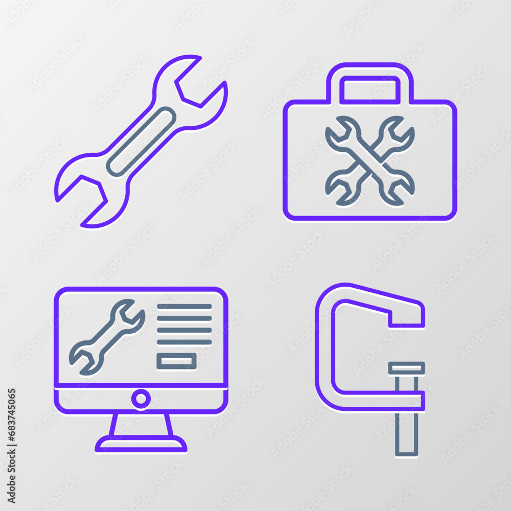 Poster set line clamp and screw tool, computer monitor service, toolbox and wrench spanner icon. vector