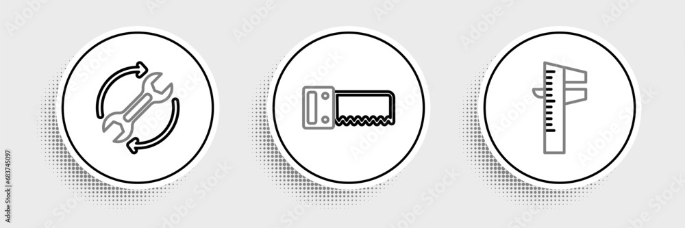 Aufkleber set line calliper or caliper and scale, wrench arrows as workflow and hand saw icon. vector