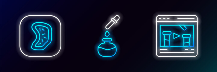 Set line Chemical online, Bacteria and Test tube and flask icon. Glowing neon. Vector
