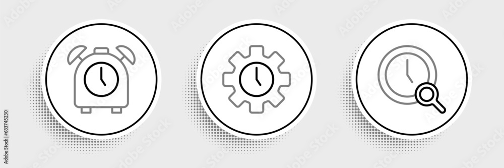 Poster set line magnifying glass with clock, alarm and time management icon. vector