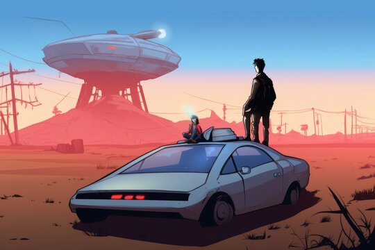 Digital illustration painting design style a a man sitting on roof of the old police car, against aliens's robot, Generative AI