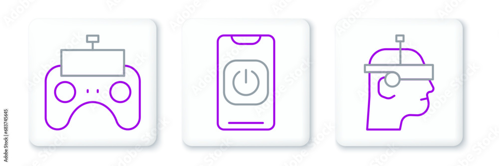 Poster set line smart glasses, remote control and turn off robot from phone icon. vector